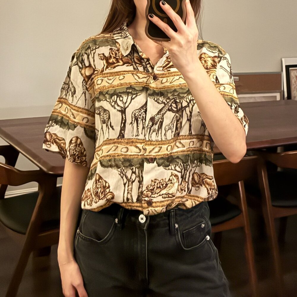 Vintage Safari Animal Print Button Up Top